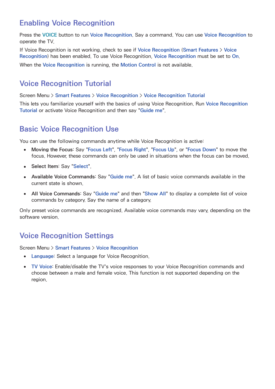 49 enabling voice recognition, 49 voice recognition tutorial, 49 basic voice recognition use | 49 voice recognition settings, Enabling voice recognition, Voice recognition tutorial, Basic voice recognition use, Voice recognition settings | Samsung UN60F6350AFXZA User Manual | Page 56 / 170