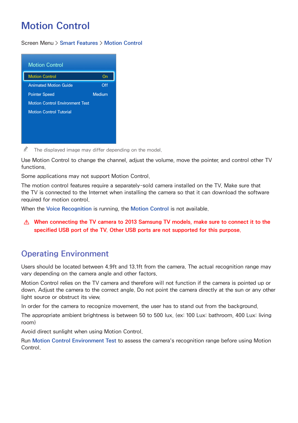 Operating environment, Motion control | Samsung UN60F6350AFXZA User Manual | Page 58 / 170