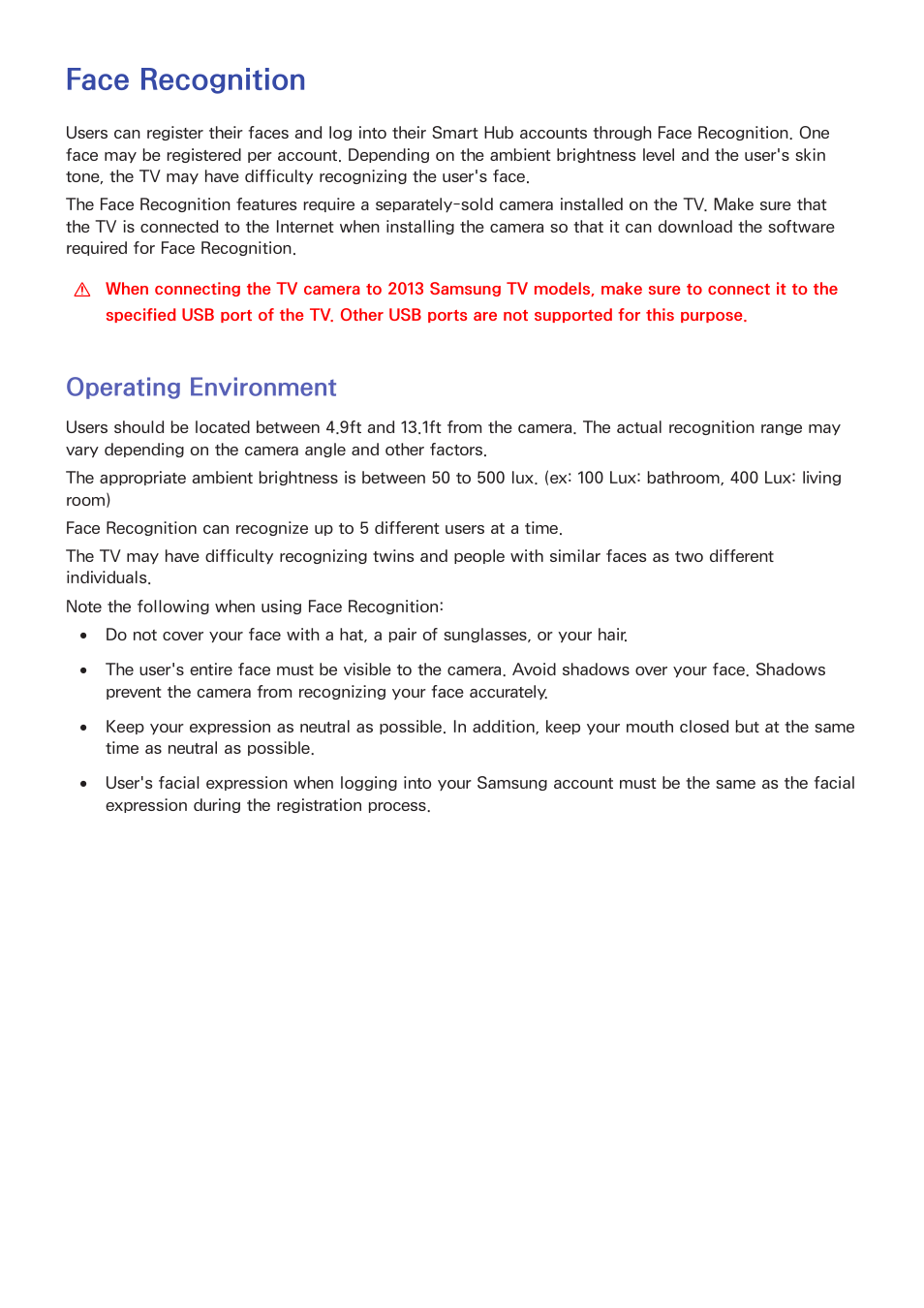 Face recognition, 57 operating environment, Operating environment | Samsung UN60F6350AFXZA User Manual | Page 64 / 170
