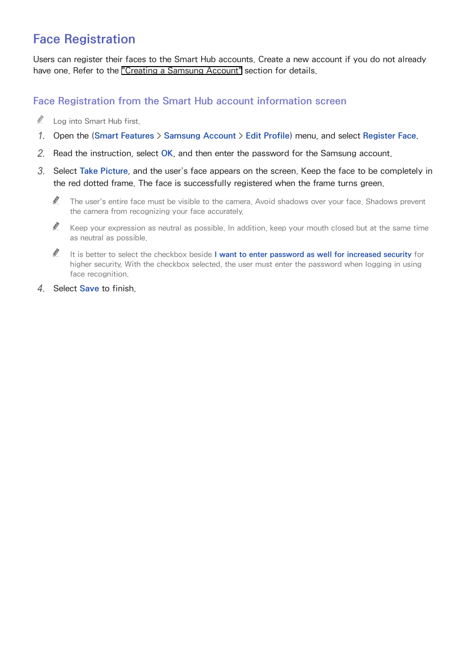 58 face registration, Face registration | Samsung UN60F6350AFXZA User Manual | Page 65 / 170