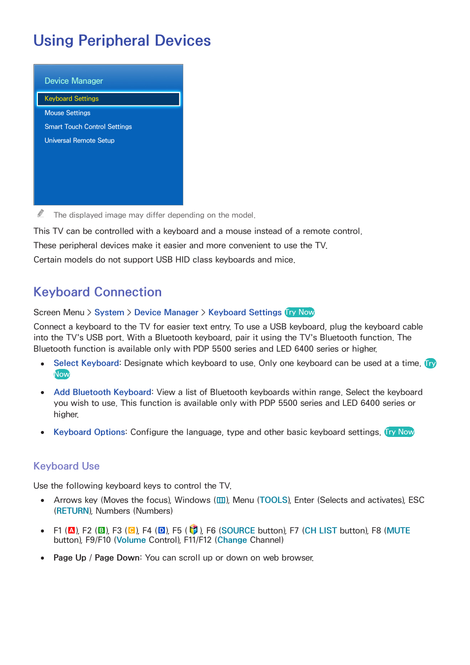 Using peripheral devices, 60 keyboard connection, Keyboard use | Keyboard connection | Samsung UN60F6350AFXZA User Manual | Page 67 / 170