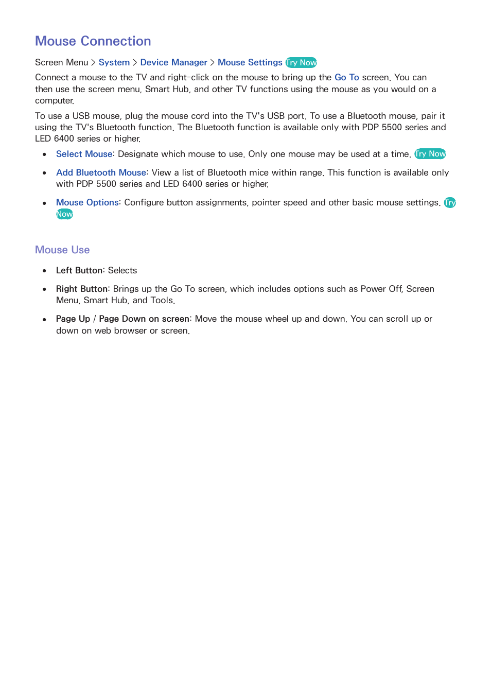 Mouse connection, Mouse use | Samsung UN60F6350AFXZA User Manual | Page 68 / 170