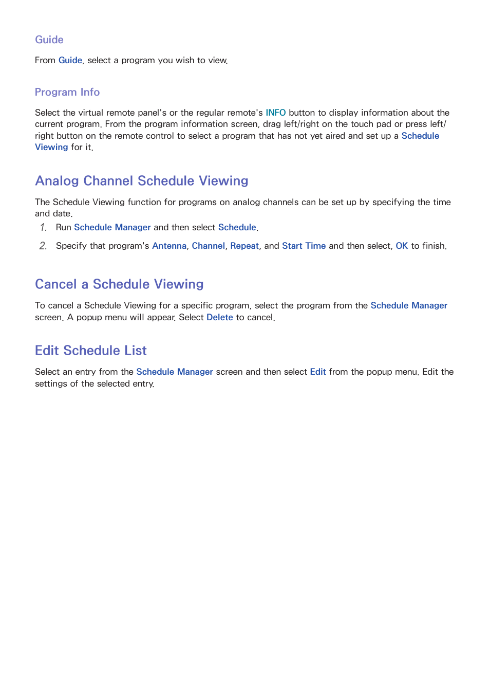 Program info, 68 analog channel schedule viewing, 68 cancel a schedule viewing | 68 edit schedule list, Analog channel schedule viewing, Cancel a schedule viewing, Edit schedule list | Samsung UN60F6350AFXZA User Manual | Page 75 / 170