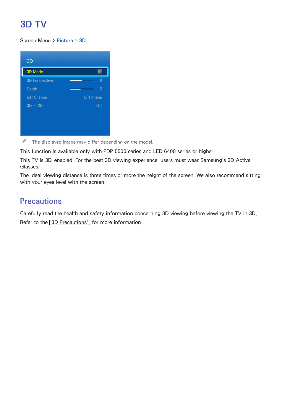 3d tv, 69 precautions, O "3d tv" fo | Precautions | Samsung UN60F6350AFXZA User Manual | Page 76 / 170