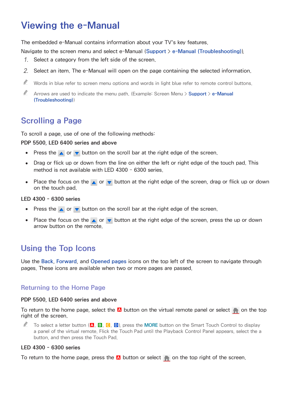 E-manual guide, Viewing the e-manual, Using the top icons | Scrolling a page | Samsung UN60F6350AFXZA User Manual | Page 8 / 170