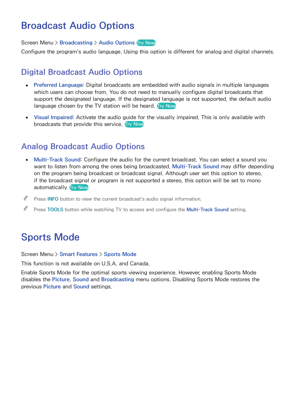 Broadcast audio options, 74 digital broadcast audio options, 74 analog broadcast audio options | Sports mode, Digital broadcast audio options, Analog broadcast audio options | Samsung UN60F6350AFXZA User Manual | Page 81 / 170