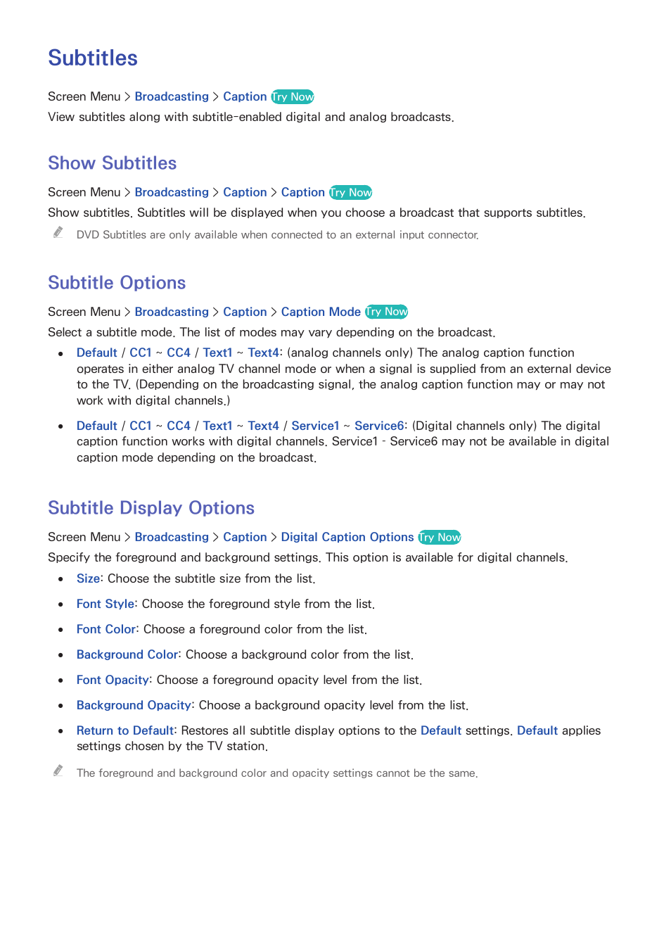 Subtitles, 75 show subtitles, 75 subtitle options | 75 subtitle display options, Show subtitles, Subtitle options, Subtitle display options | Samsung UN60F6350AFXZA User Manual | Page 82 / 170