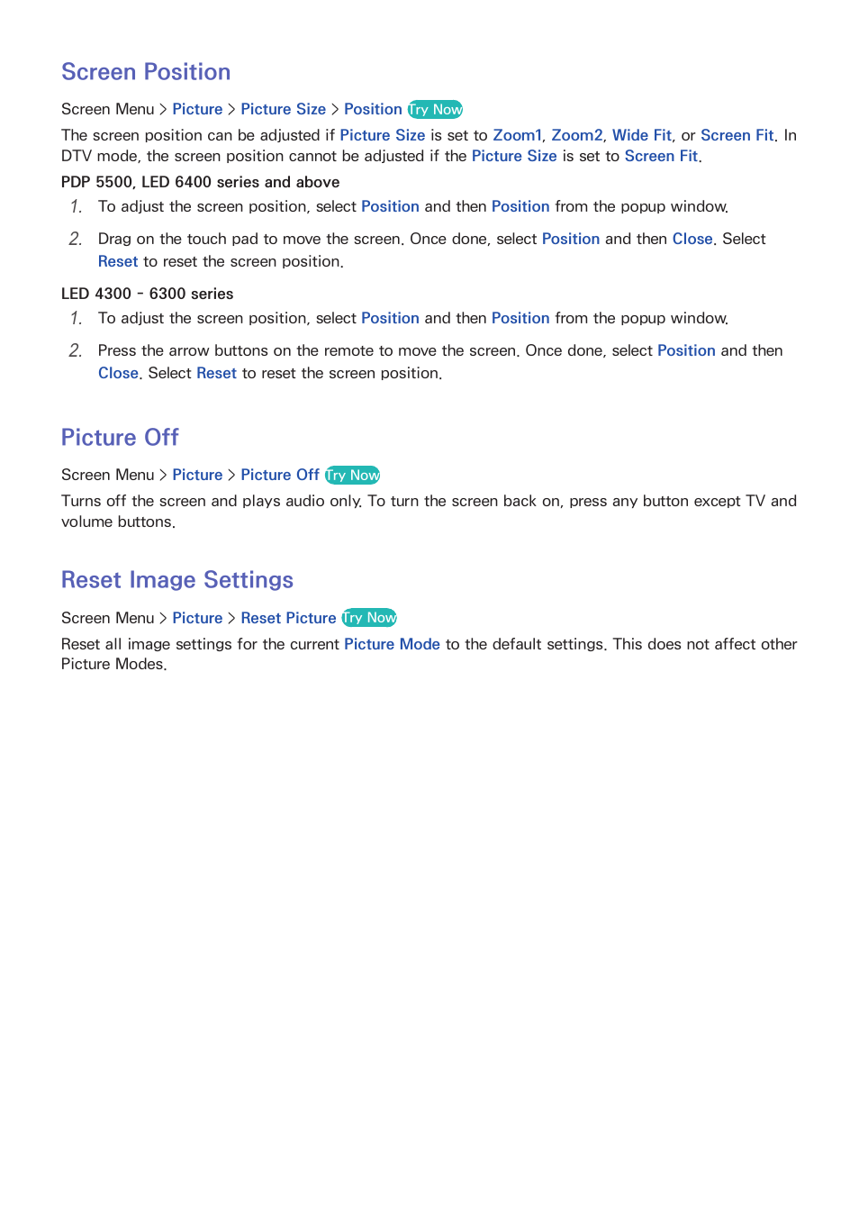 79 screen position, 79 pict, 79 reset image settings | Screen position, Picture off, Reset image settings | Samsung UN60F6350AFXZA User Manual | Page 86 / 170