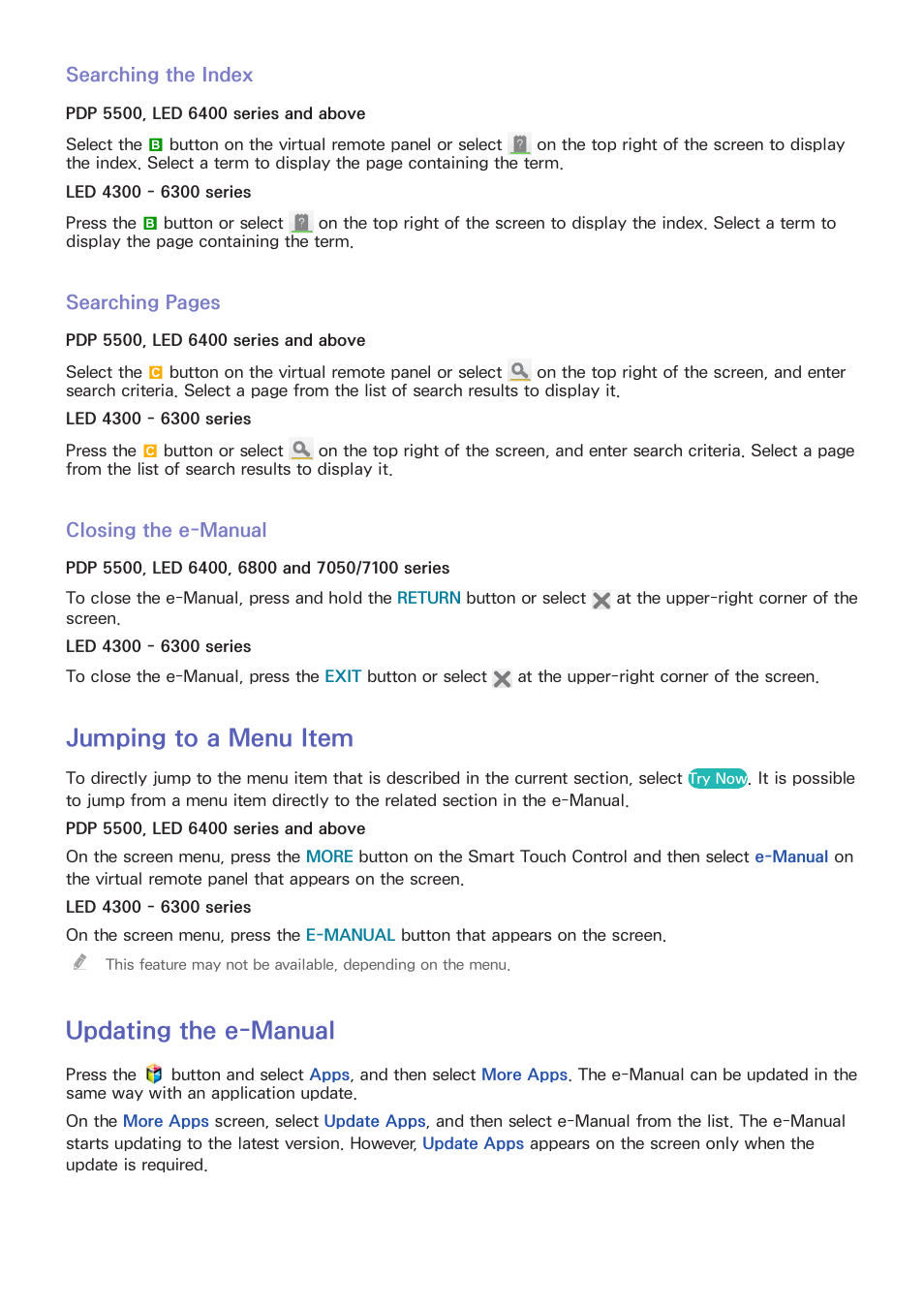Searching the index, Closing the e-manual, Jumping to a menu item | Updating the e-manual | Samsung UN60F6350AFXZA User Manual | Page 9 / 170