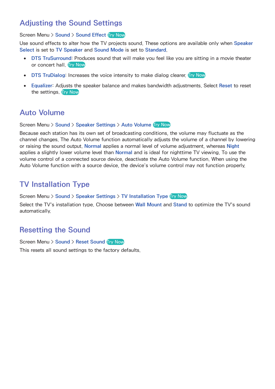 85 adjusting the sound settings, 85 auto v, 85 tv insta | 85 resetting the sound, Adjusting the sound settings, Auto volume, Tv installation type, Resetting the sound | Samsung UN60F6350AFXZA User Manual | Page 92 / 170