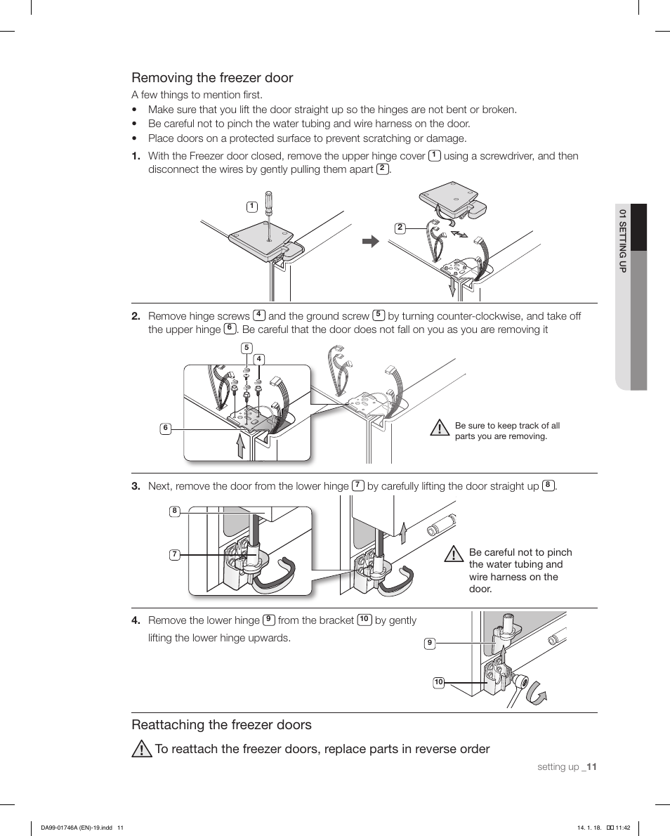 Removing the freezer door, Reattaching the freezer doors | Samsung RSG257AAWP-XAA User Manual | Page 11 / 32