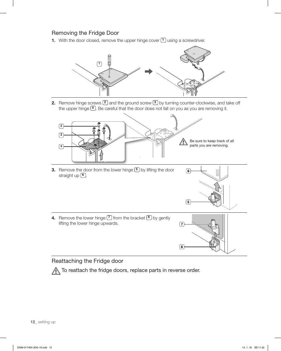 Removing the fridge door, Reattaching the fridge door | Samsung RSG257AAWP-XAA User Manual | Page 12 / 32
