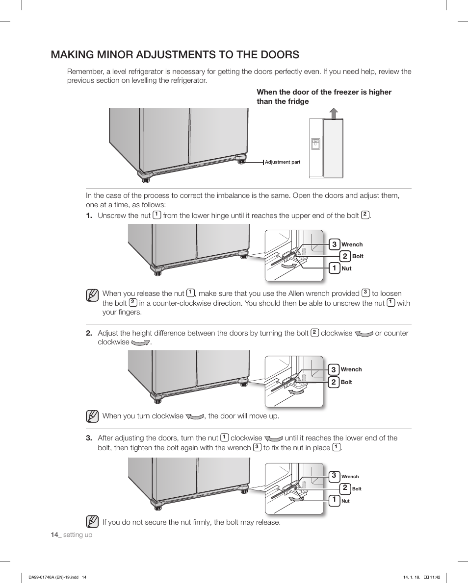 Making minor adjustments to the doors | Samsung RSG257AAWP-XAA User Manual | Page 14 / 32