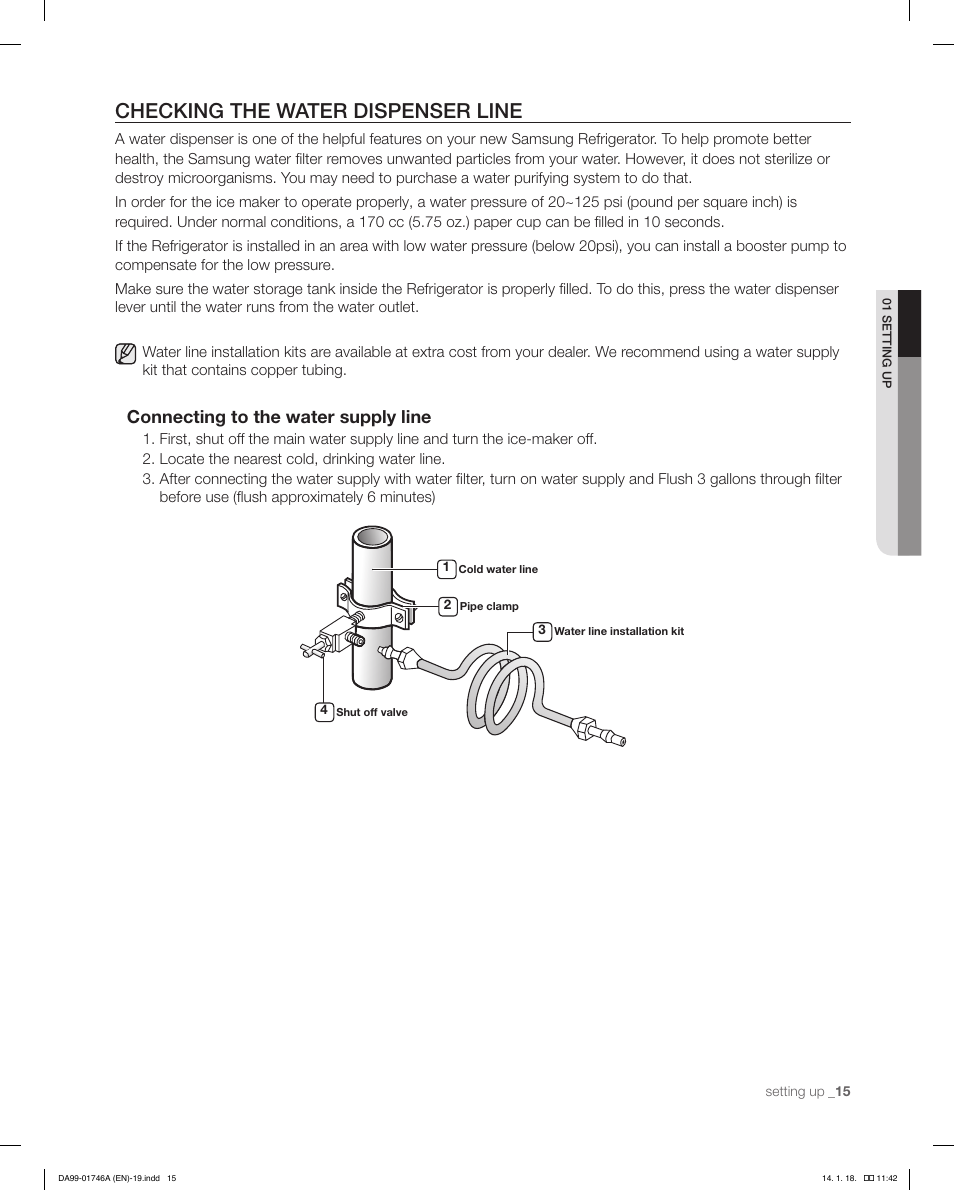 Checking the water dispenser line, Connecting to the water supply line | Samsung RSG257AAWP-XAA User Manual | Page 15 / 32