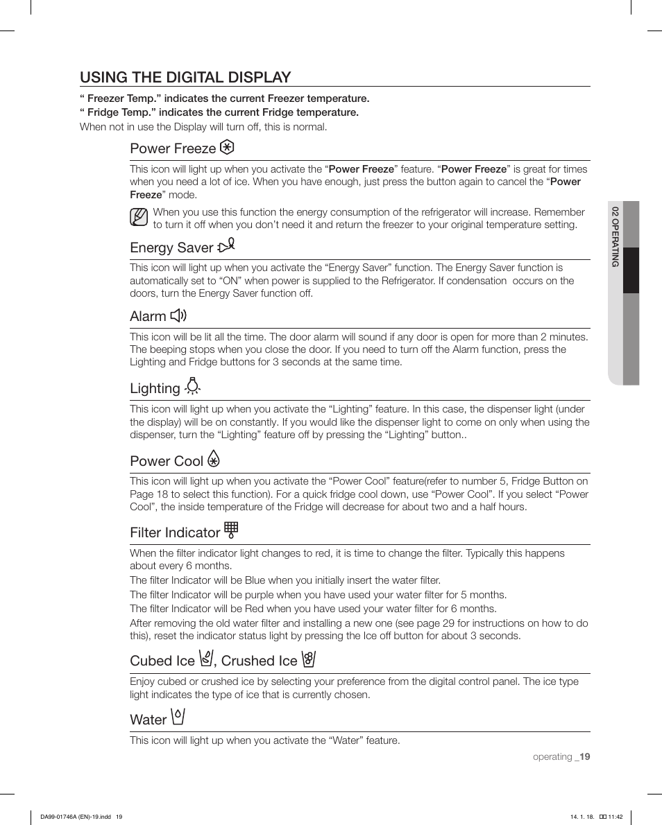 Using the digital display, Power freeze, Energy saver | Alarm, Lighting, Power cool, Filter indicator, Cubed ice , crushed ice, Water | Samsung RSG257AAWP-XAA User Manual | Page 19 / 32