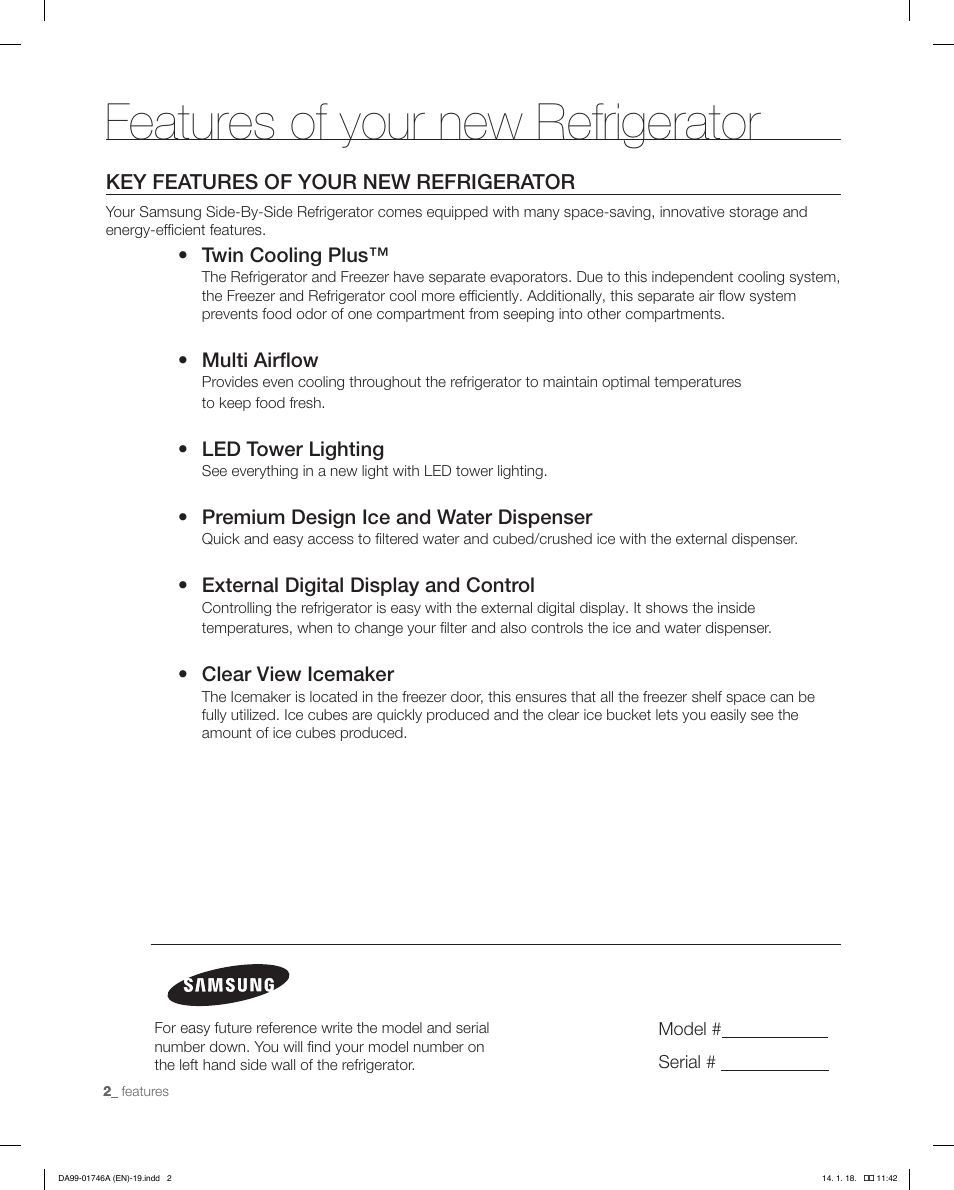 Features of your new refrigerator | Samsung RSG257AAWP-XAA User Manual | Page 2 / 32
