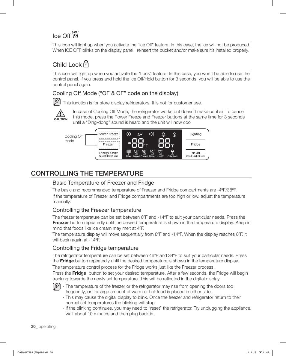 Controlling the temperature, Ice off, Child lock | Samsung RSG257AAWP-XAA User Manual | Page 20 / 32