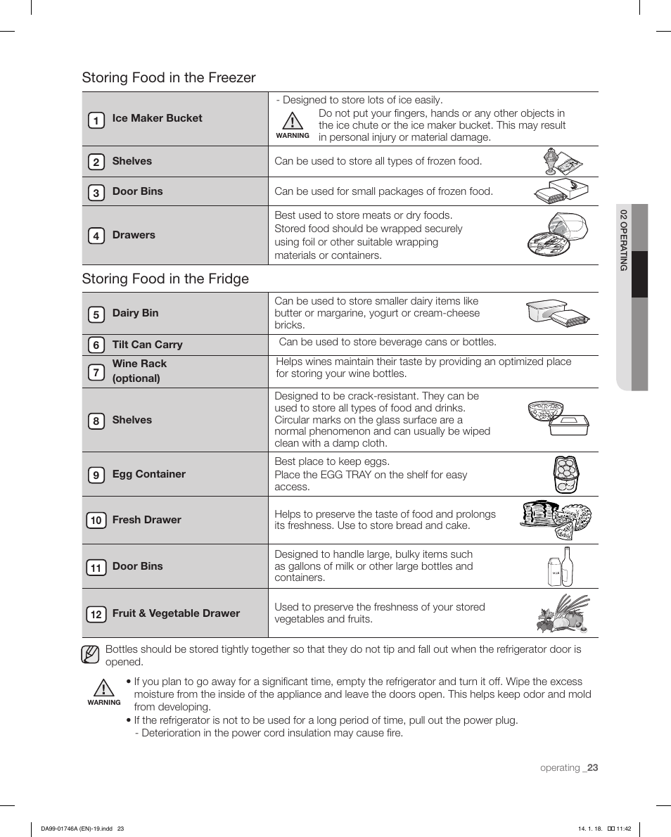 Storing food in the freezer, Storing food in the fridge | Samsung RSG257AAWP-XAA User Manual | Page 23 / 32