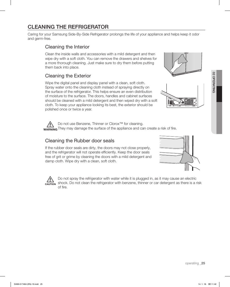 Cleaning the refrigerator, Cleaning the interior, Cleaning the exterior | Cleaning the rubber door seals | Samsung RSG257AAWP-XAA User Manual | Page 25 / 32