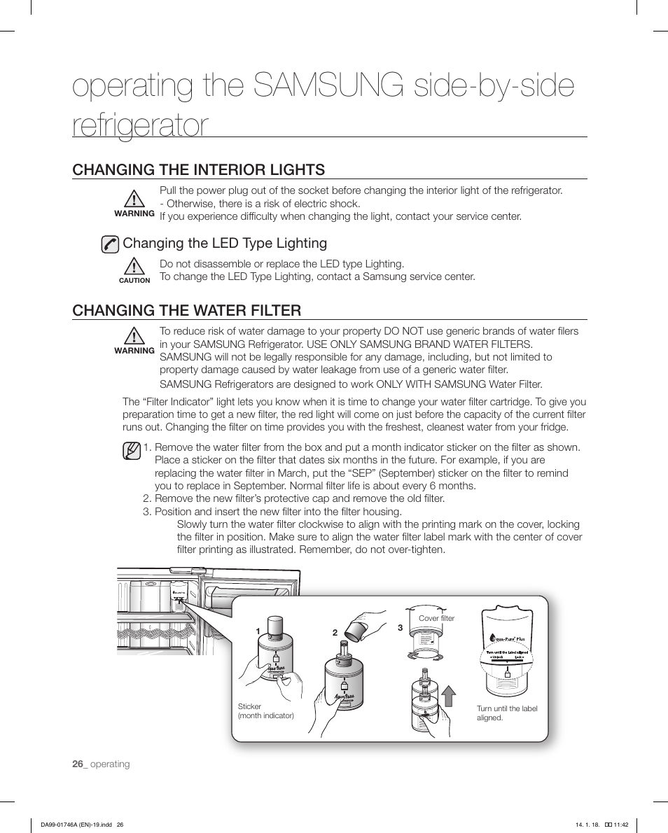 Operating the samsung side-by-side refrigerator, Changing the interior lights, Changing the water filter | Changing the led type lighting | Samsung RSG257AAWP-XAA User Manual | Page 26 / 32
