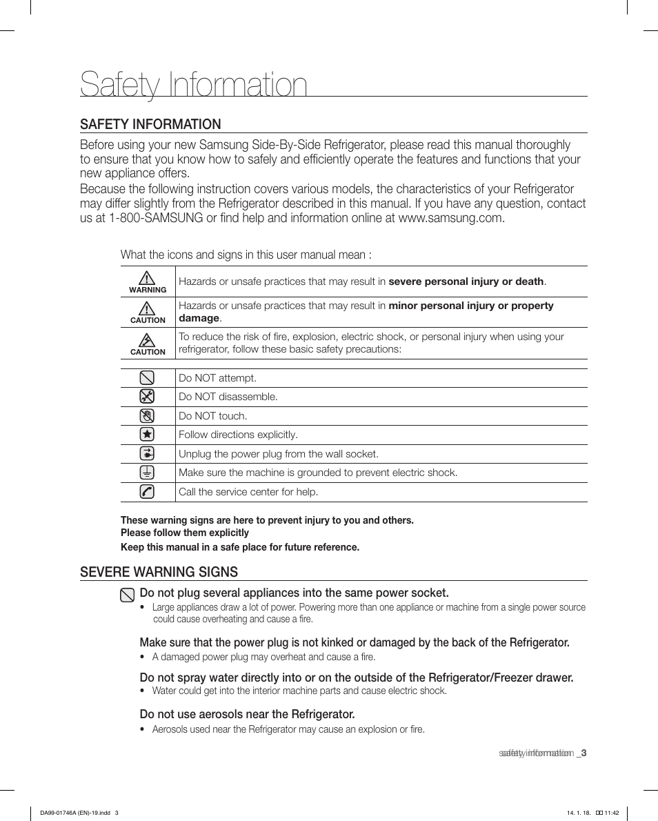 Safety information, Severe warning signs | Samsung RSG257AAWP-XAA User Manual | Page 3 / 32