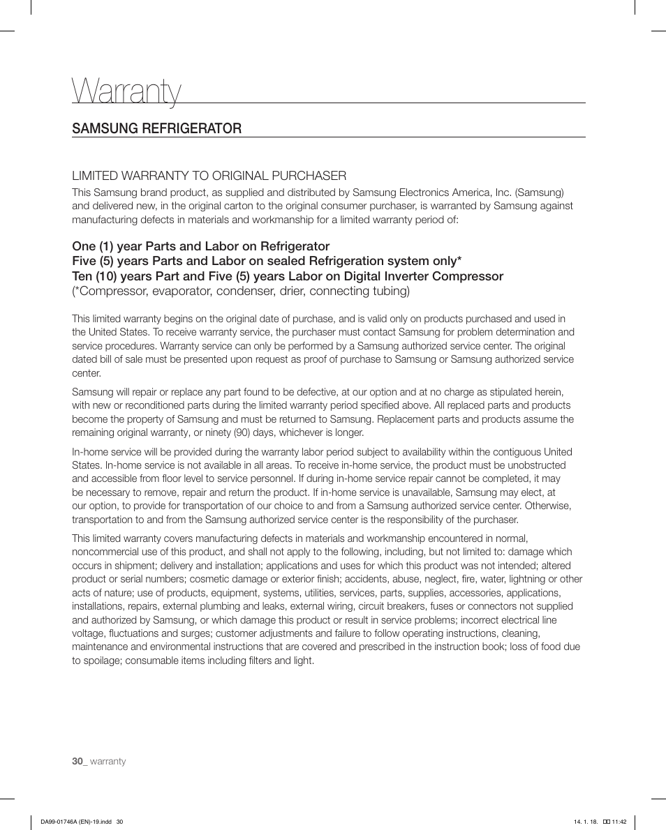 Warranty | Samsung RSG257AAWP-XAA User Manual | Page 30 / 32