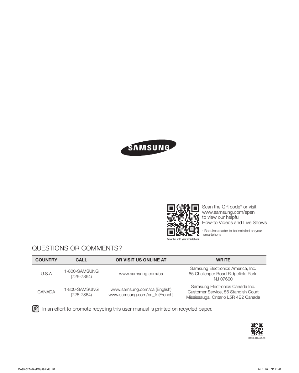 Questions or comments | Samsung RSG257AAWP-XAA User Manual | Page 32 / 32