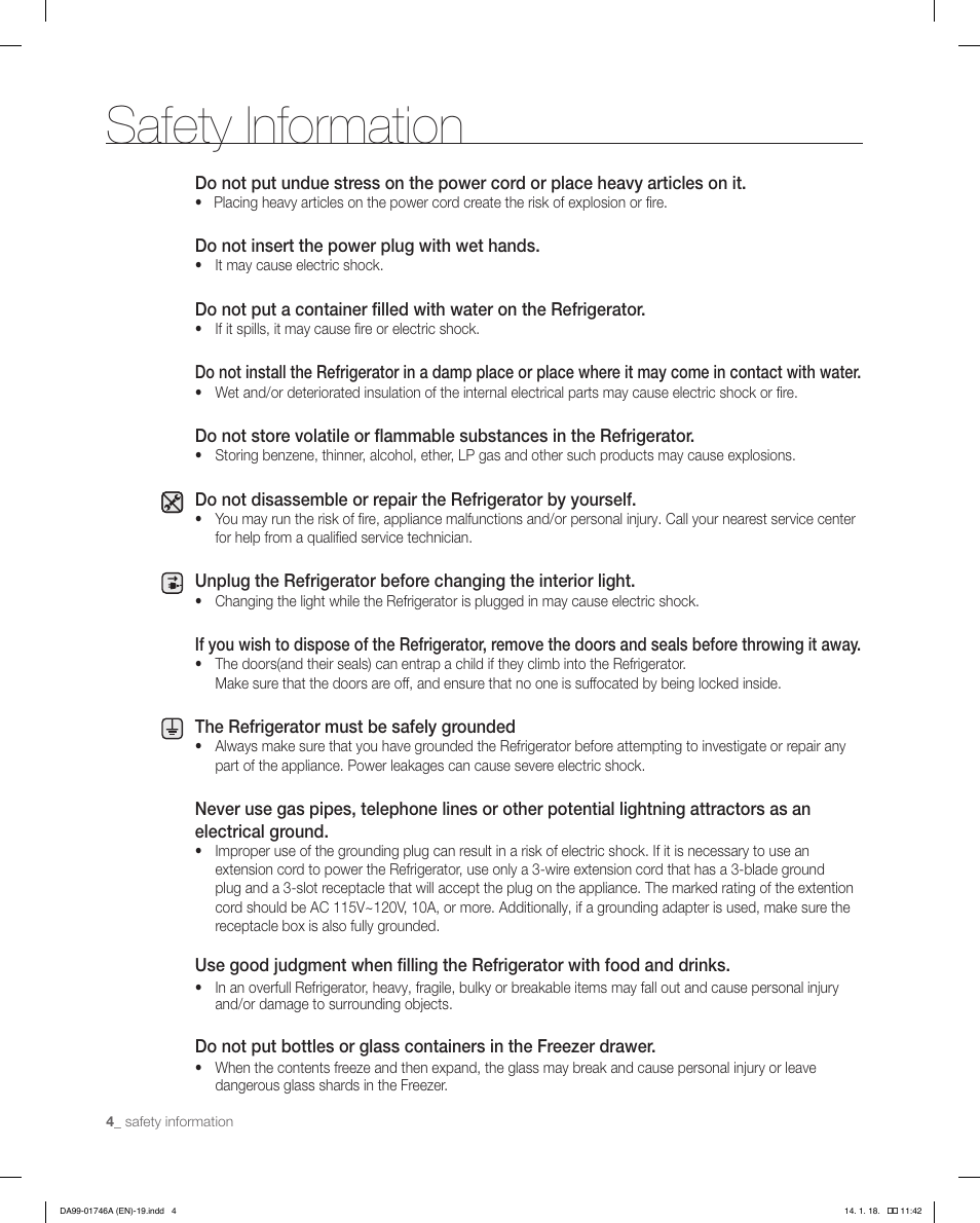 Safety information | Samsung RSG257AAWP-XAA User Manual | Page 4 / 32