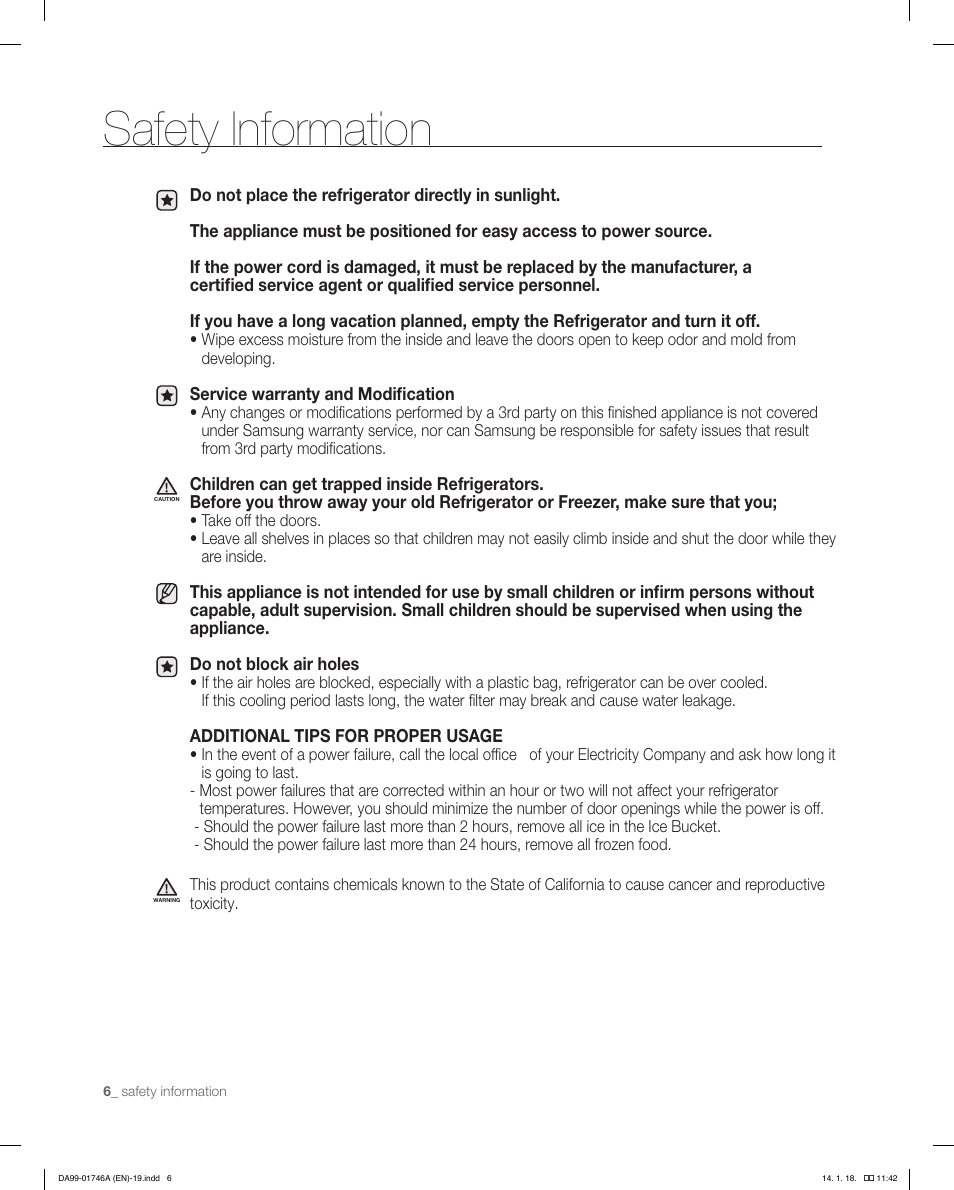 Safety information | Samsung RSG257AAWP-XAA User Manual | Page 6 / 32