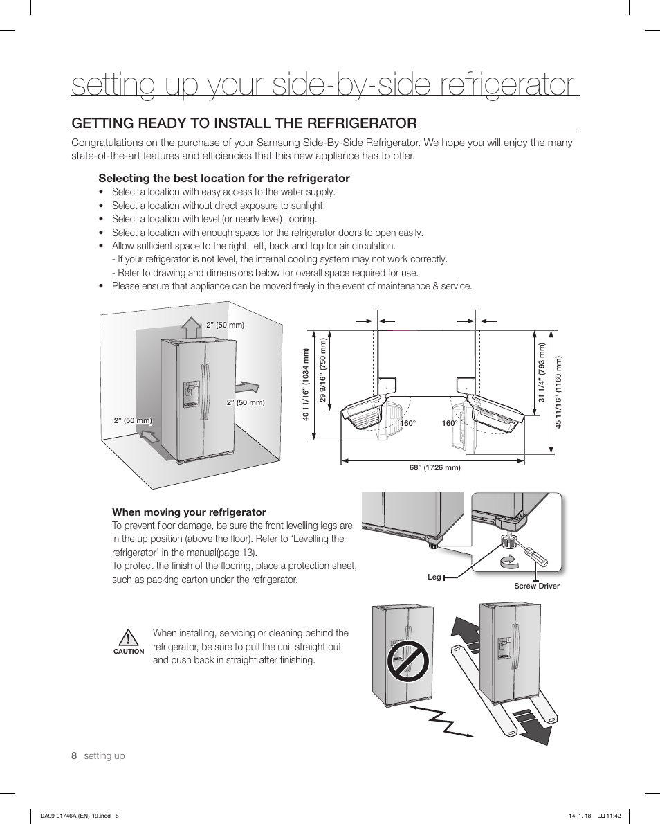 Setting up your side-by-side refrigerator, Getting ready to install the refrigerator | Samsung RSG257AAWP-XAA User Manual | Page 8 / 32