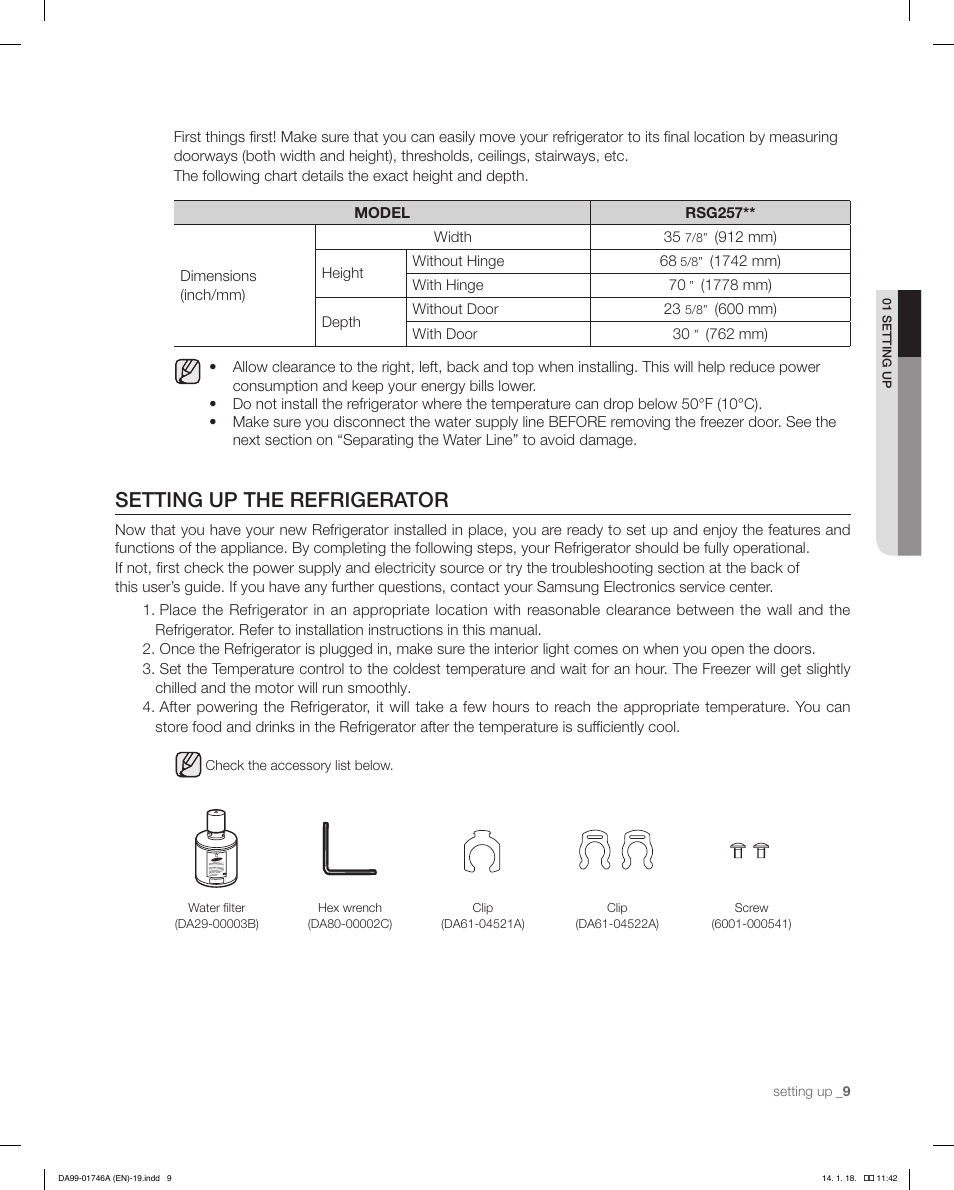 Setting up the refrigerator | Samsung RSG257AAWP-XAA User Manual | Page 9 / 32