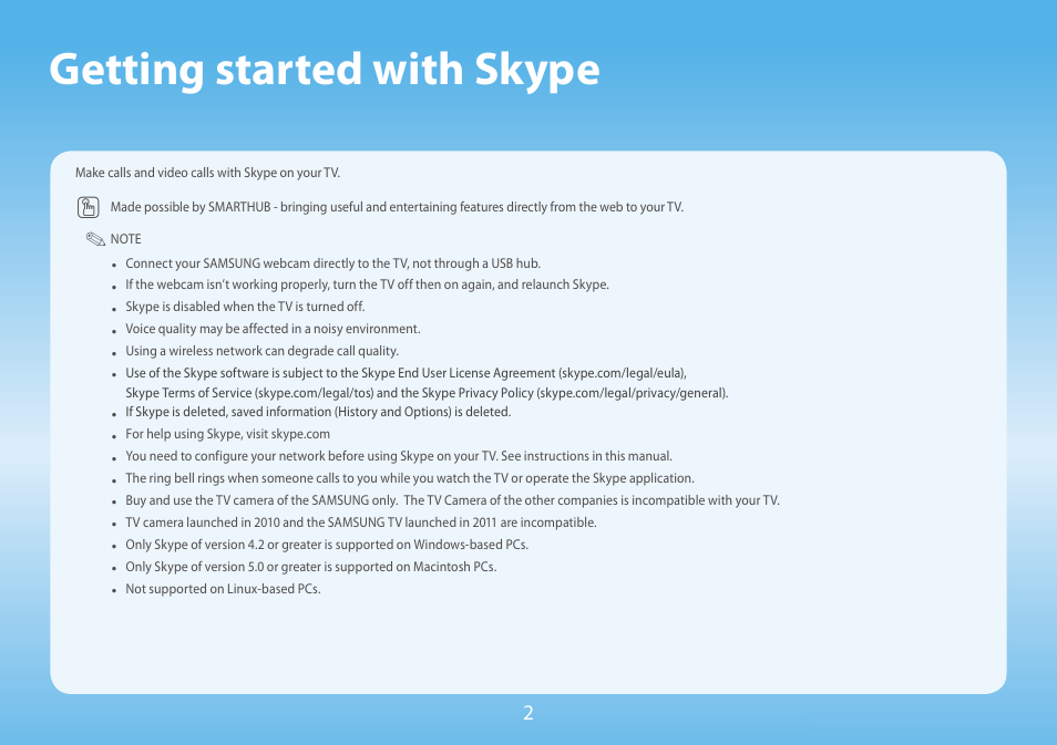 Getting started with skype, Getting started with skype 2 | Samsung Skype for Samsung TV User Manual | Page 2 / 10