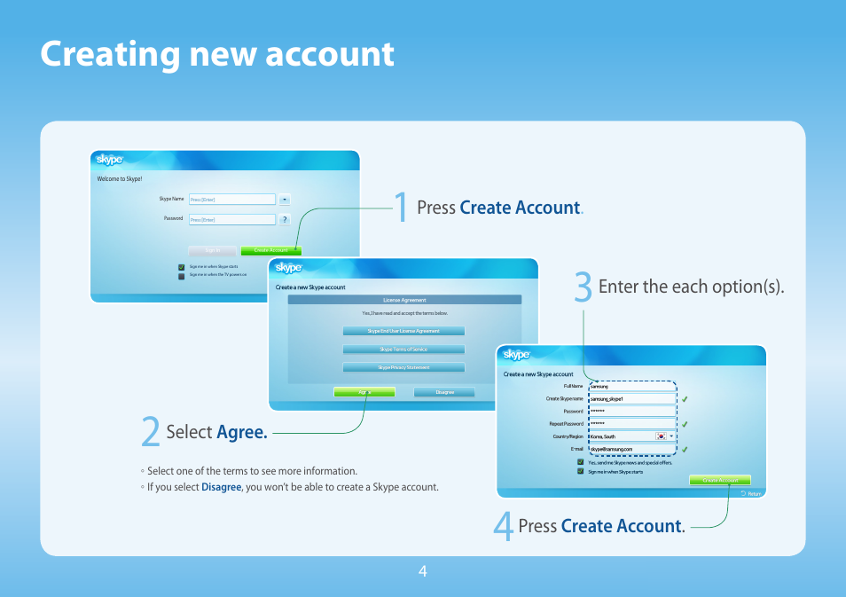 Creating new account | Samsung Skype for Samsung TV User Manual | Page 4 / 10