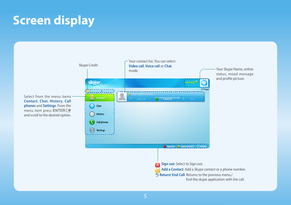 Screen display, Enter the each option(s) | Samsung Skype for Samsung TV User Manual | Page 5 / 10