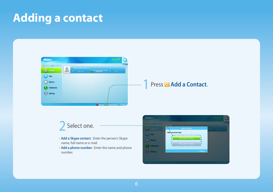 Adding a contact | Samsung Skype for Samsung TV User Manual | Page 6 / 10