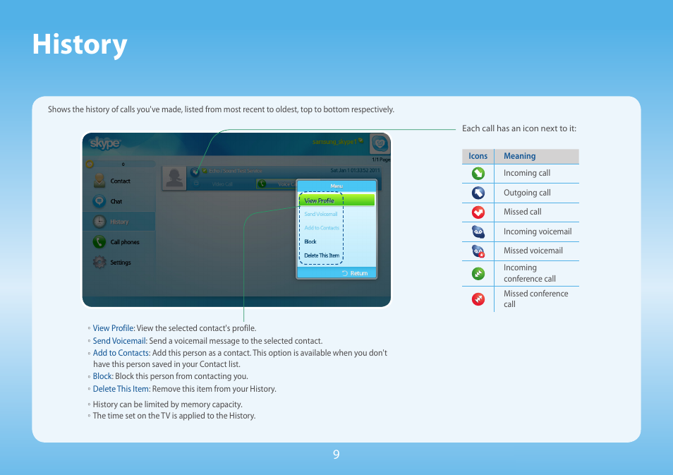 History | Samsung Skype for Samsung TV User Manual | Page 9 / 10