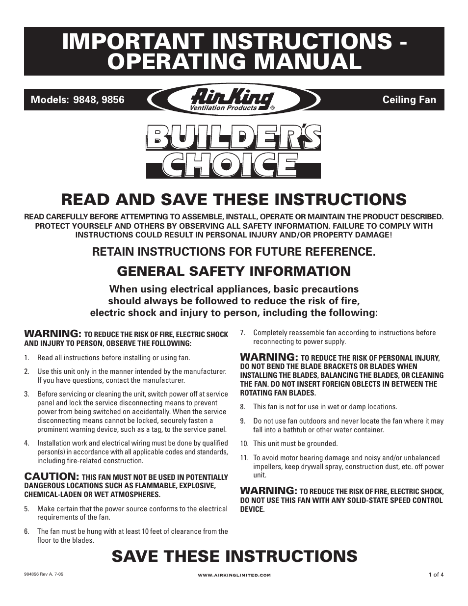 Air King 9848 User Manual | 4 pages