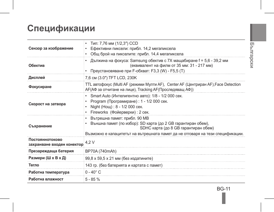 Спецификации | Samsung EC-PL90ZZBPAUS User Manual | Page 101 / 142