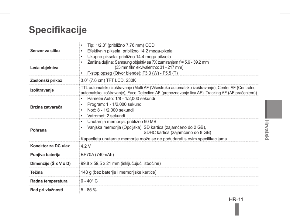 Specifikacije | Samsung EC-PL90ZZBPAUS User Manual | Page 141 / 142