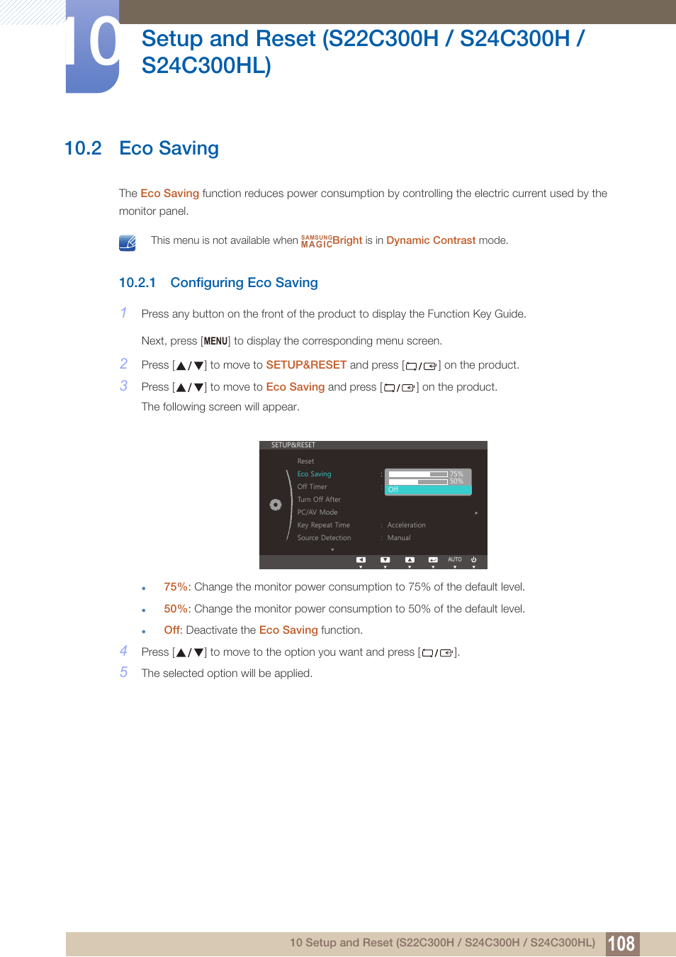 2 eco saving, 1 configuring eco saving, Eco saving | Configuring eco saving | Samsung LS24C300HL-ZA User Manual | Page 108 / 159