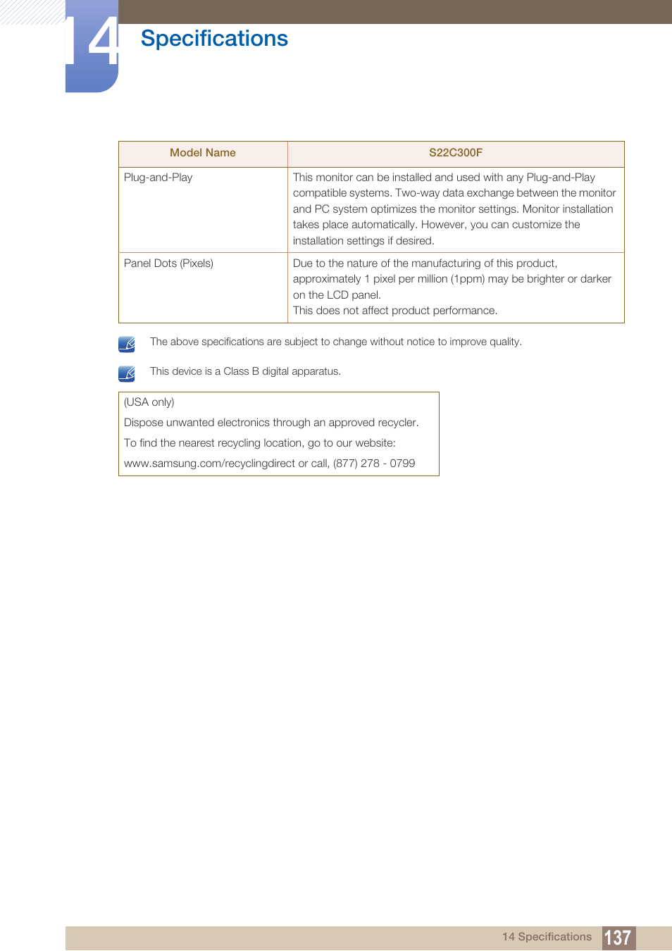 Specifications | Samsung LS24C300HL-ZA User Manual | Page 137 / 159