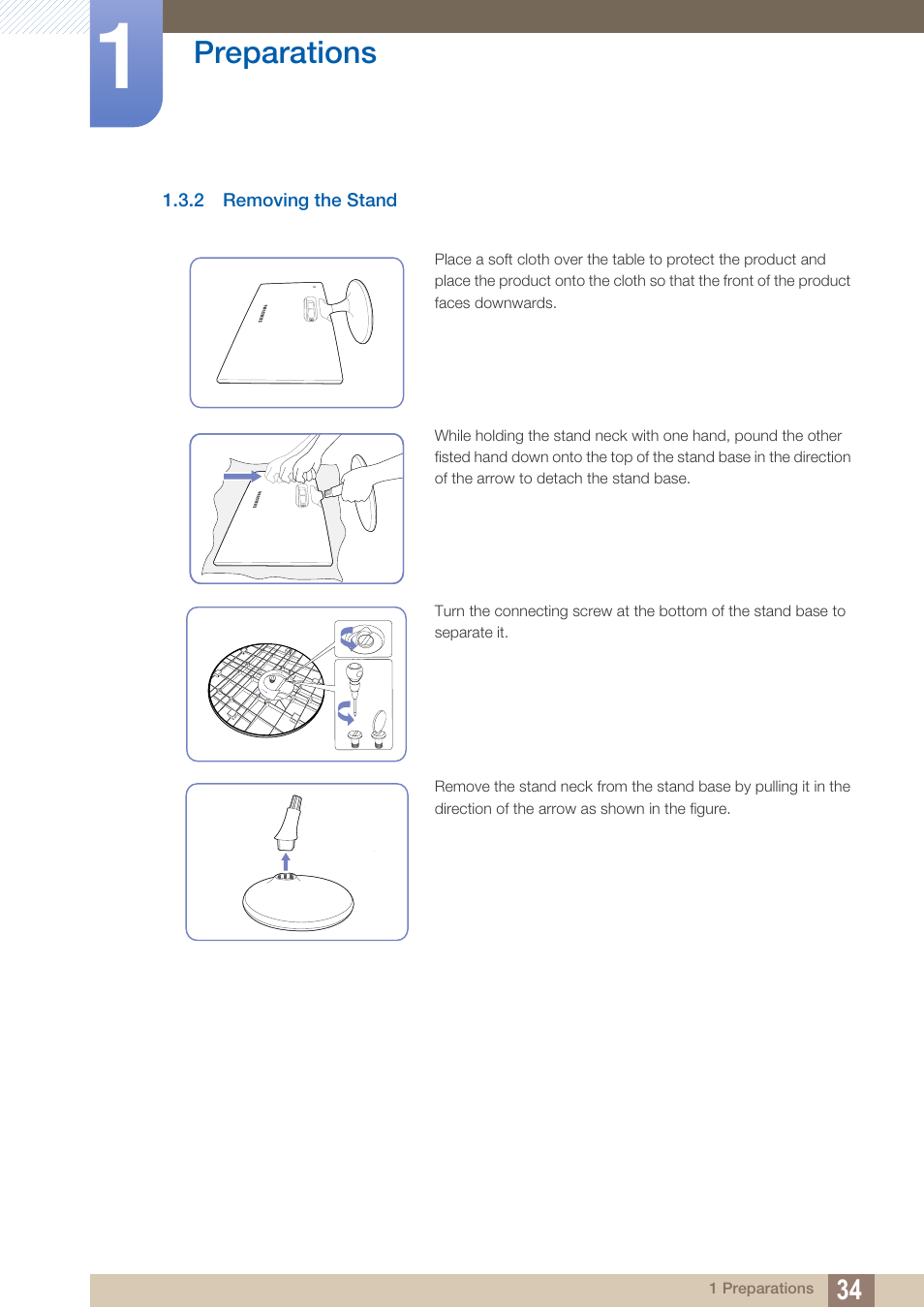 2 removing the stand, Removing the stand, Preparations | Samsung LS24C300HL-ZA User Manual | Page 34 / 159