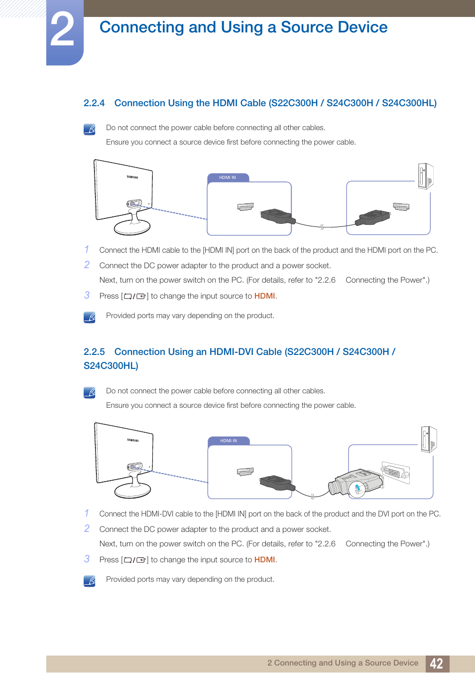 Connecting and using a source device | Samsung LS24C300HL-ZA User Manual | Page 42 / 159