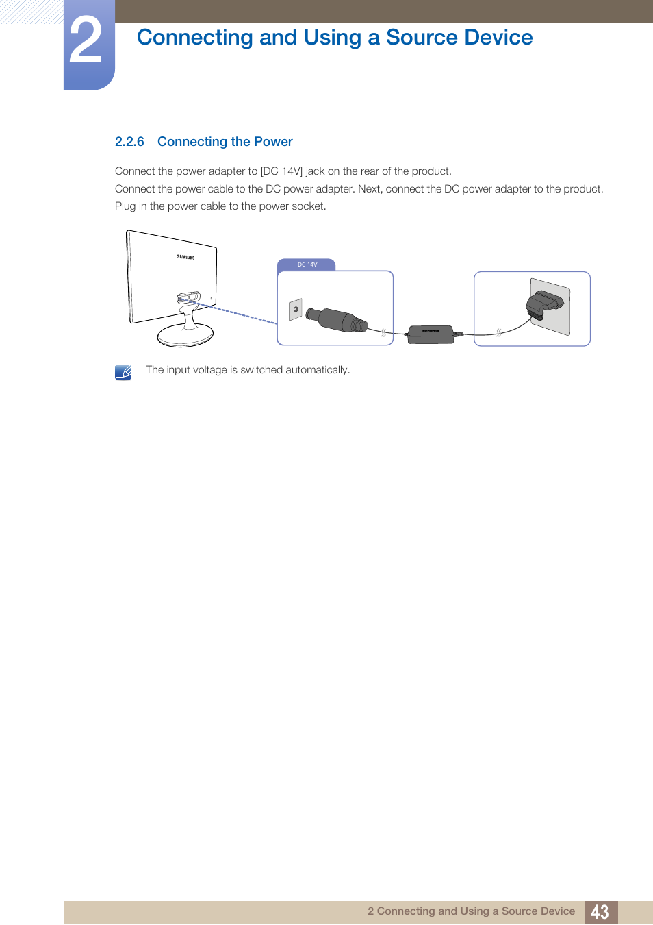 6 connecting the power, Connecting the power, Connecting and using a source device | Samsung LS24C300HL-ZA User Manual | Page 43 / 159