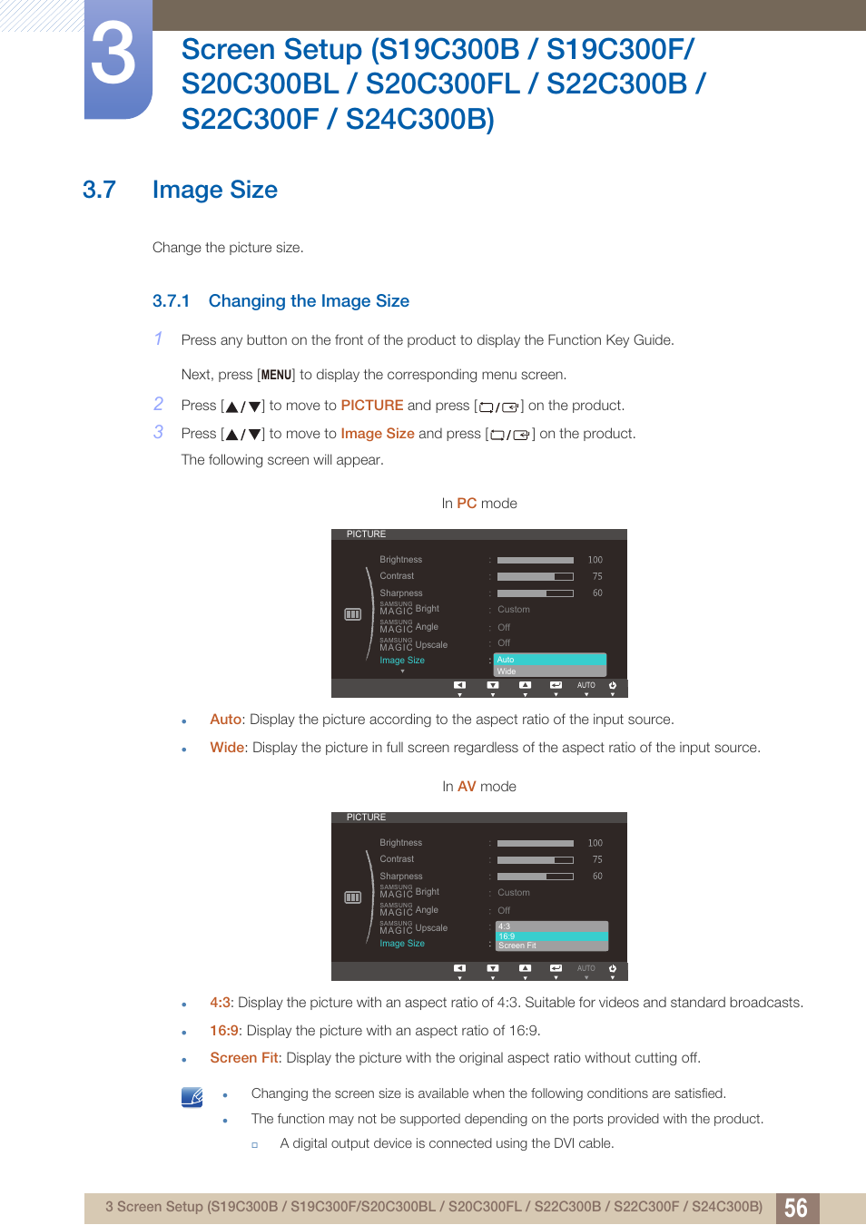 7 image size, 1 changing the image size, Image size | Changing the image size | Samsung LS24C300HL-ZA User Manual | Page 56 / 159