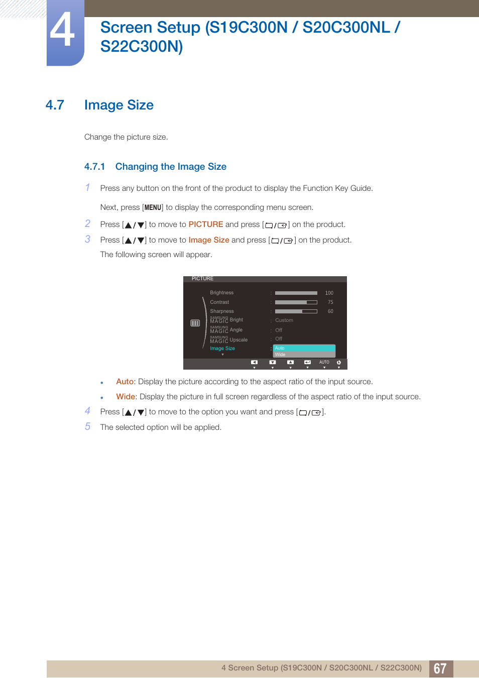 7 image size, 1 changing the image size, Image size | Changing the image size | Samsung LS24C300HL-ZA User Manual | Page 67 / 159