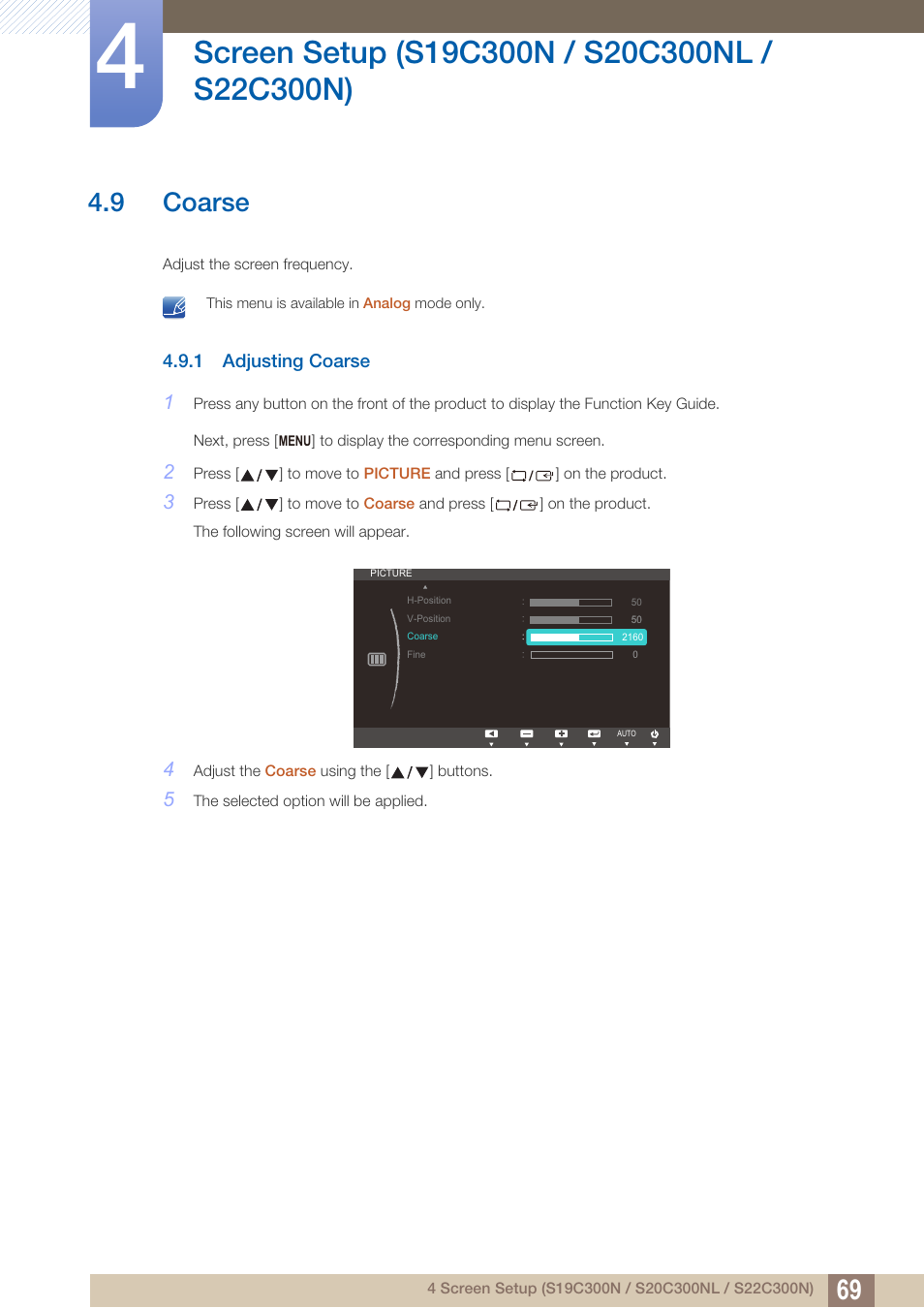 9 coarse, 1 adjusting coarse, Coarse | Adjusting coarse | Samsung LS24C300HL-ZA User Manual | Page 69 / 159