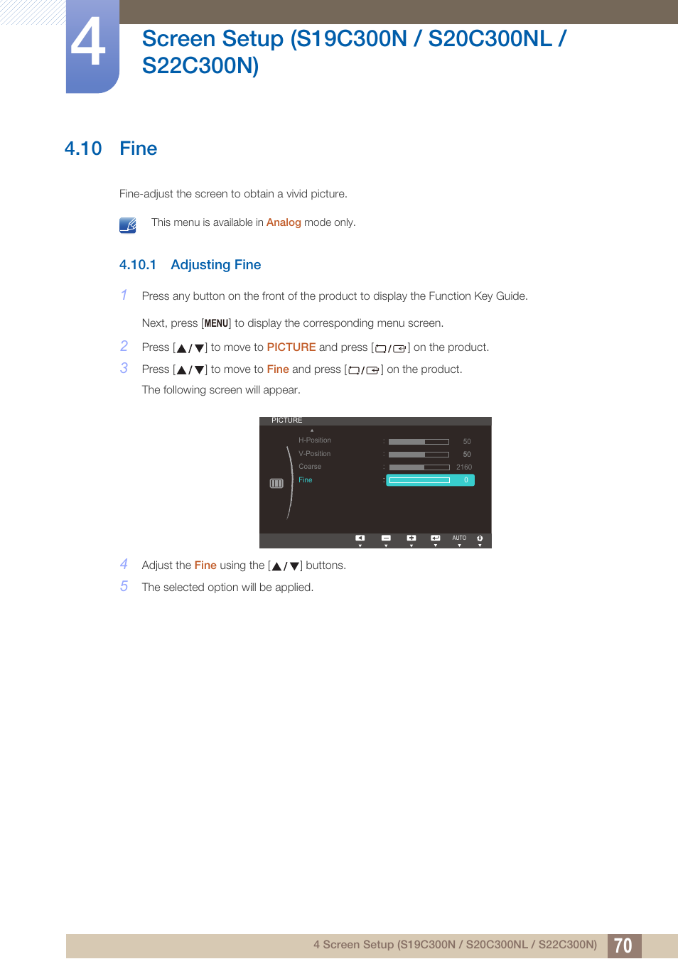 10 fine, 1 adjusting fine, Fine | Adjusting fine | Samsung LS24C300HL-ZA User Manual | Page 70 / 159
