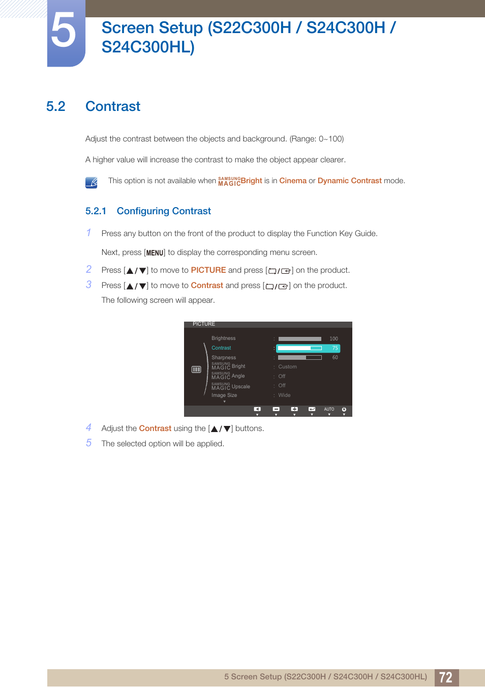 2 contrast, 1 configuring contrast, Contrast | Configuring contrast | Samsung LS24C300HL-ZA User Manual | Page 72 / 159