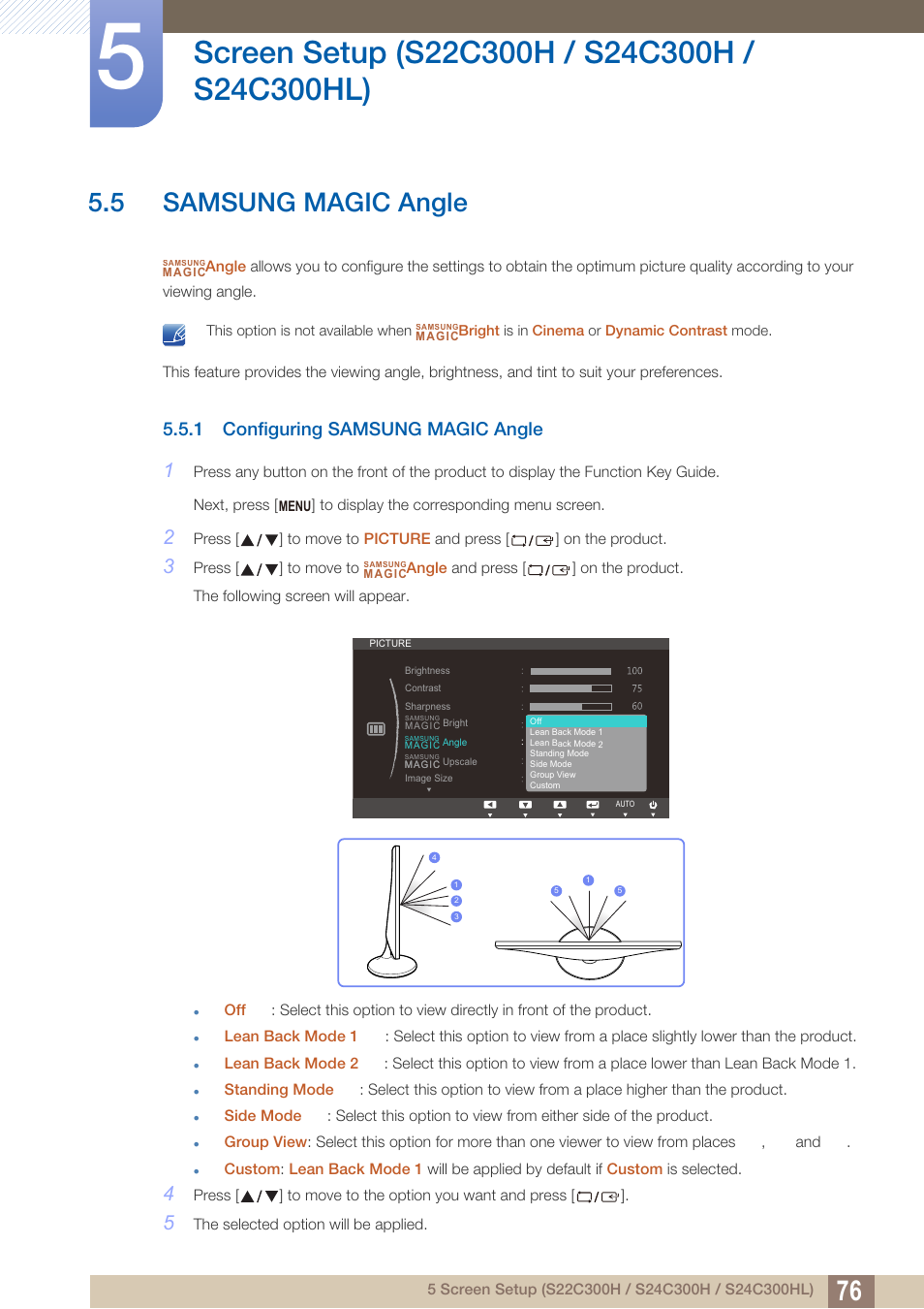 5 samsung magic angle, 1 configuring samsung magic angle, Samsung magic angle | Configuring samsung magic angle | Samsung LS24C300HL-ZA User Manual | Page 76 / 159